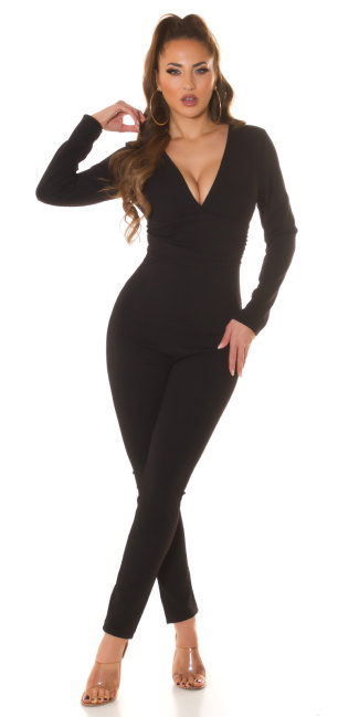 longsleeve Jumpsuit with V-Neckline Black